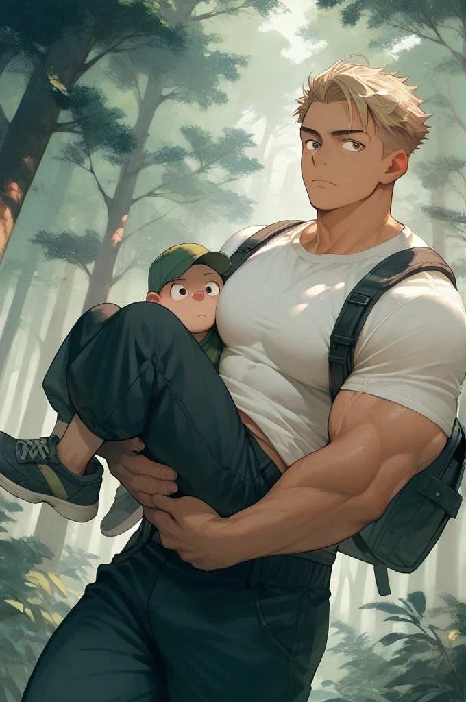 Carrying 1 Pooh 　The Elongated Eye 1man,muscle,forehead,forest,black short pants, backpack,tight t-shirt lift,tan,Sanpaku