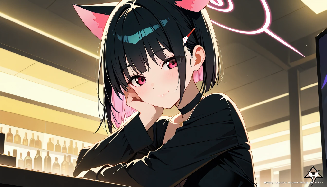 masterpiece, best quality, solo, 1girl, (detailed face), 1girl, kazusa, black_hair, cat ears, hair_between eyes, hair_ornament, halo, long_hair, long_sleeves, red_eyes, dress, black dress, solo, trinity_general_school_logo, in lobby office, indoor, office, smile, upper body,