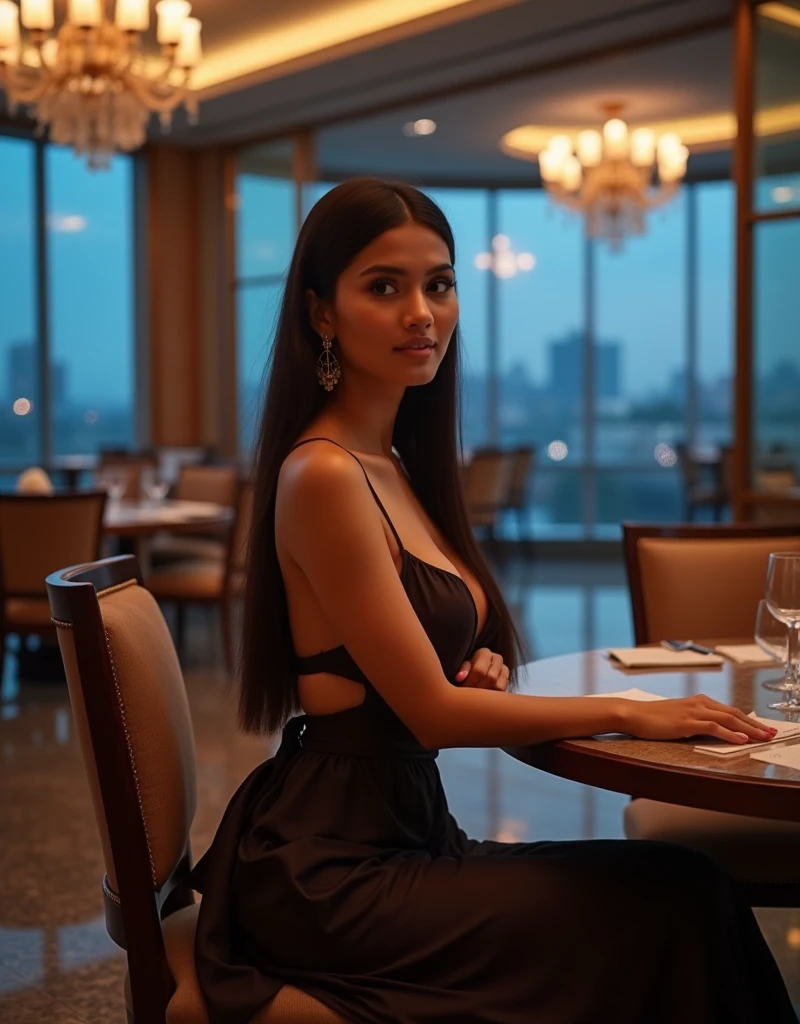 Raw camera photo, photorealistic. best quality,4k,8k,highres,masterpiece:1.2),ultra-detailed,(realistic,photorealistic,photo-realistic:1.37),srilankan 25 year old girl, with attractive facial features,beautiful detailed eyes,beautiful detailed lips,extremely detailed eyes and face,longeyelashes, fair skin tone. curvy huge breasts. is seated on a plush chair beside a round, polished table at a prestigious luxury hotel in Colombo. wearing a sophisticated evening dress. The background features grand chandeliers, ornate decor, and large windows offering a glimpse of Colombo's cityscape and blue sky at dusk. with soft lighting casting a warm glow over the scene