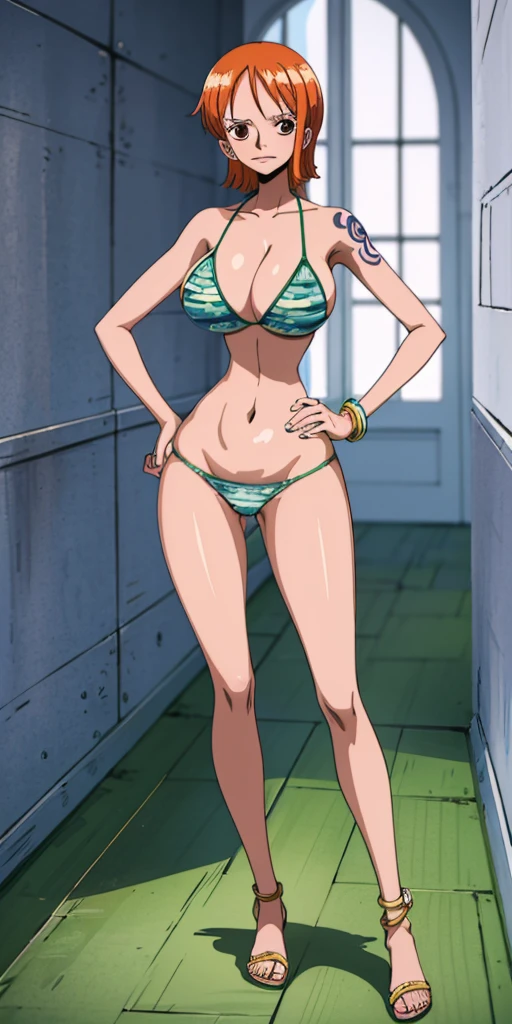 Nami, who has big breasts and beautiful legs, is standing in the hallway in a plain green bikini with her hands on her hips and blushing。