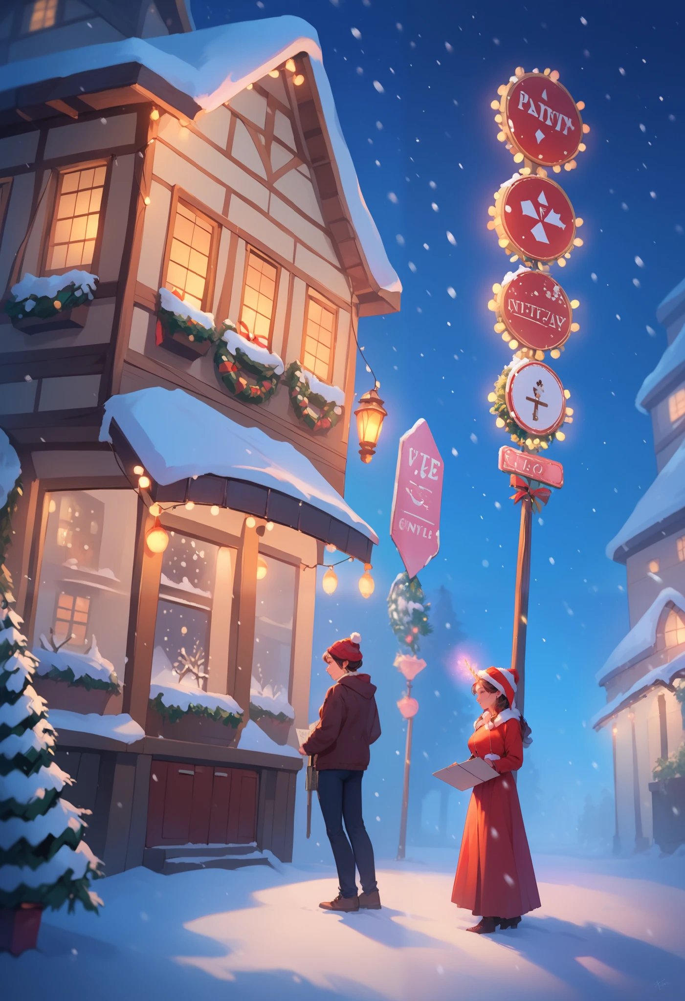 beautiful, Snowy Night,  Magic flies around,  girl , tender,  Beautiful,  Warm Clothes, walks around the City , bright, sign boards,  christmas lights , decorations, Footprints in the snow, Drifts, Warm Atmosphere, bright цвета,  intricate details ,  better quality,  Maximum Quality , 8 k, masterpiece,