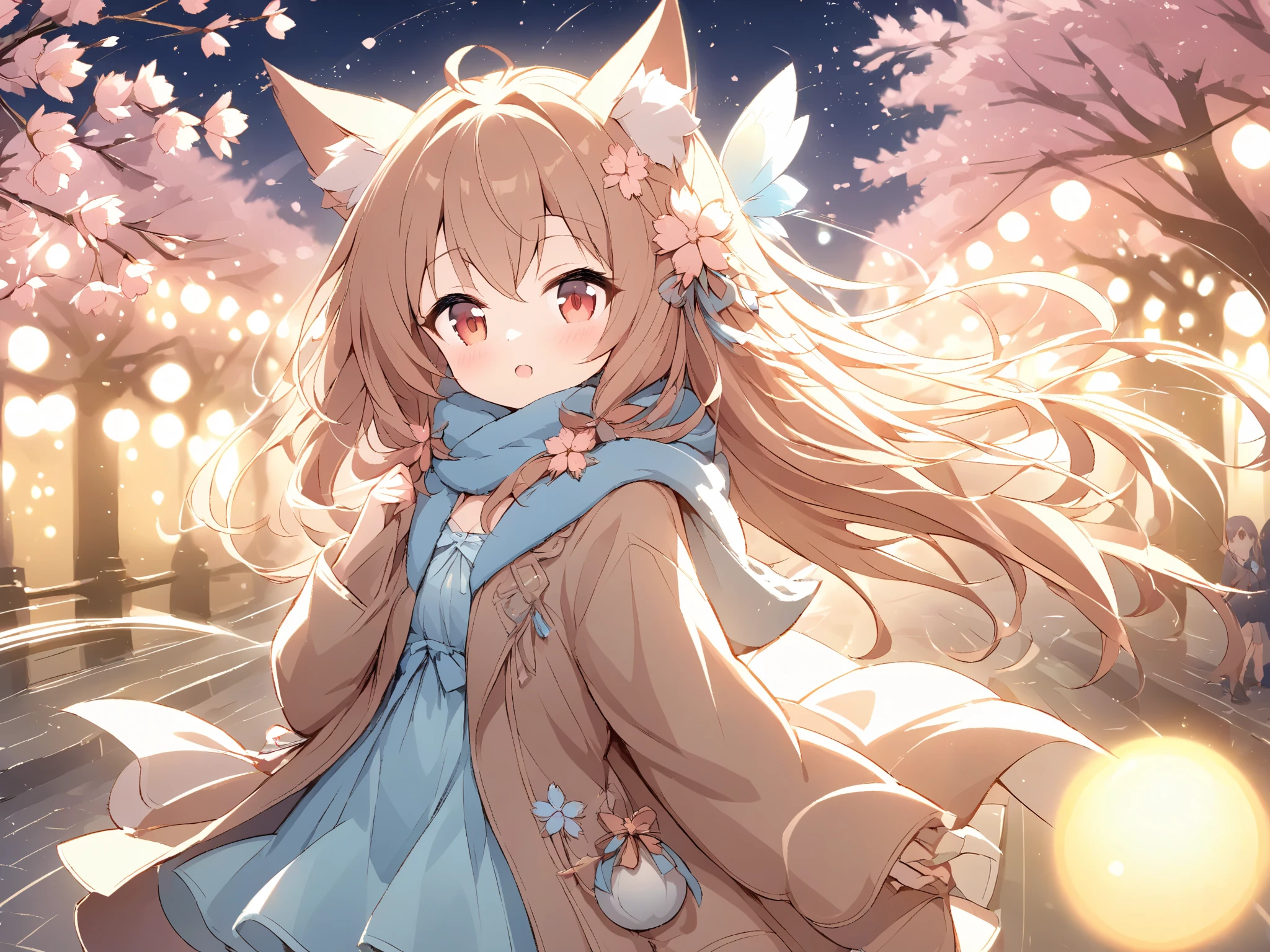  Rakifox,light line illustration,fantasy world,Cherry blossom trees at night_ a background with rows of red bomboli 、 beautiful background、A chilly spring night 、 a girl walks 、 hair flutter in the wind、 focus on the girl and blur the background、Light effects、Bokeh ball