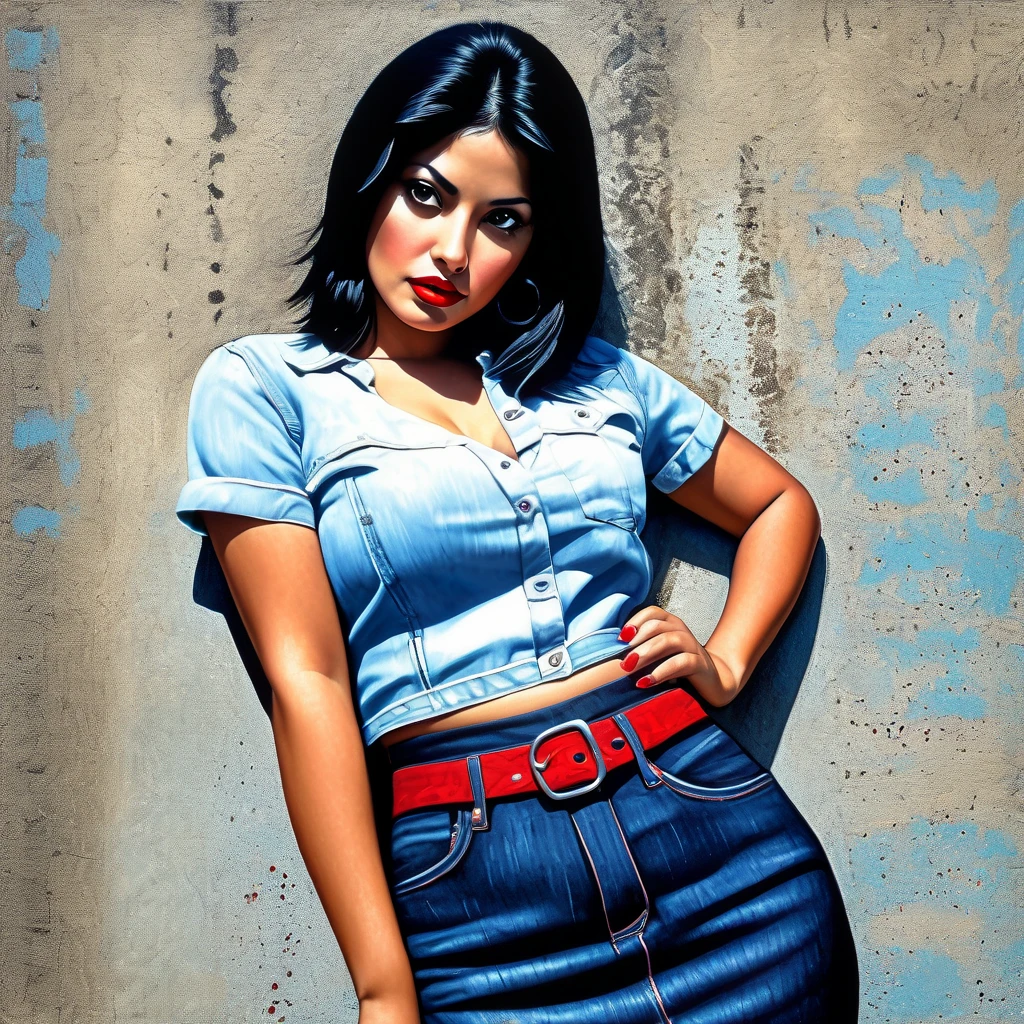 Modern urban Mexican woman, beauty，well proportioned, Denim skirt，black hair, Sexy and attractive red lips，portraitures，oil painted，inks，acrycle painting，tmasterpiece，Renaissance style，best qualtiy，A high resolution，super-fine，Eyes detailed，Face detailed，sharp focus on eyes an 80&#39;s horror movie, Supervised by Junji Ito、darkness、Serial killer、high detail, Realistic Shadows、Analog Style, chromatic aberration, Complementary Gradient、Surrealism