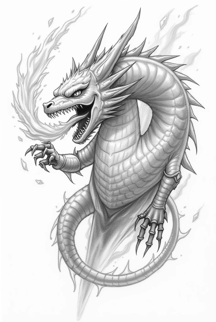 Create me a coloring picture of a spitting dragon, for coloring with large white areas and strong black lines