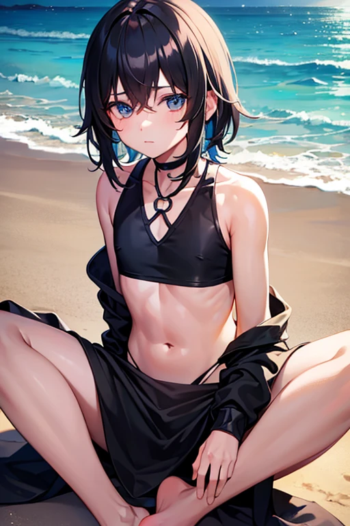 1girl, short black hair, blue eyes, no clothes, seaside, absurdness, high res, ultrasharp, 8K, masterpiece, looking at viewer