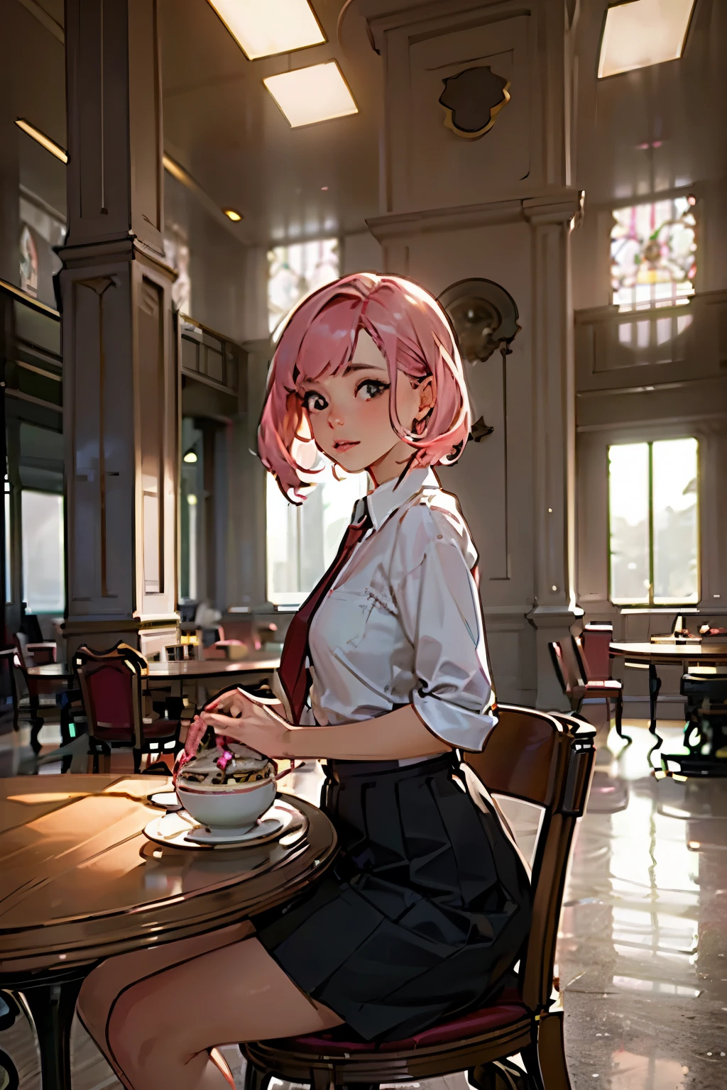 (highest quality:1.2), A girl is sitting in a living room, There is a round table in front of her, and there is a gorgeous afternoon tea set on the table. The girl is looking tea set. embarrased face, a photorealistic cute girl, beautiful face, surprised face, European face, noble face, large eyes, beautiful lip,closed mouth with confusion, feeling hunger, Short-cut pink hair, wearing white shirt, wearing red tie, wearing black skirt.