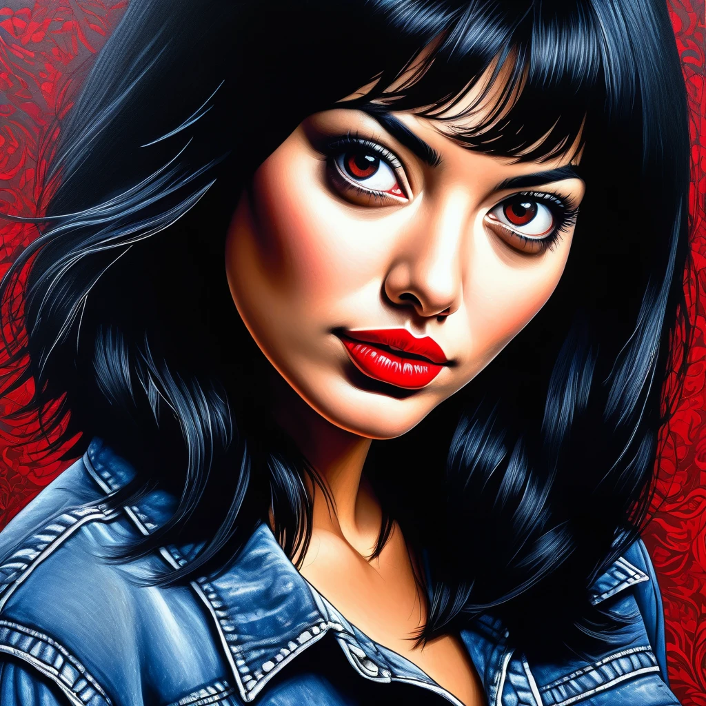 Modern urban Mexican woman, beauty，well proportioned, Denim skirt，black hair, Sexy and attractive red lips，portraitures，oil painted，inks，acrycle painting，tmasterpiece，Renaissance style，best qualtiy，A high resolution，super-fine，Eyes detailed，Face detailed，sharp focus on eyes an 80&#39;s horror movie, Supervised by Junji Ito、darkness、Serial killer、high detail, Realistic Shadows、Analog Style, chromatic aberration, Complementary Gradient、Surrealism