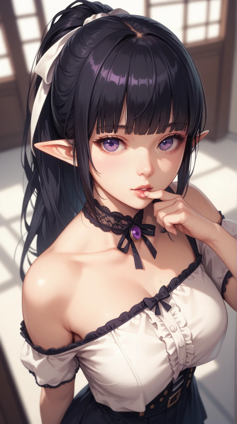 High resolution, Very detailed, perfect lighting, beautiful detailed eyes, ((masterpiece,Best Quality)), absurdities, alone, princess zelda, by the width, crown braid, Hair clip, pointy ears, Gloves without fingers, black gloves, smile, curves, nod, , deep neckline, deep neckline, Pink one-piece swimsuit with black details, touching her breasts in a sexy way, close up, black fur, close up, pigtails with bangs, pigtails with bangs, touching her breasts in a sexy way, teal eyes, close up, pigtails with bangs, Black hair, Closeup 