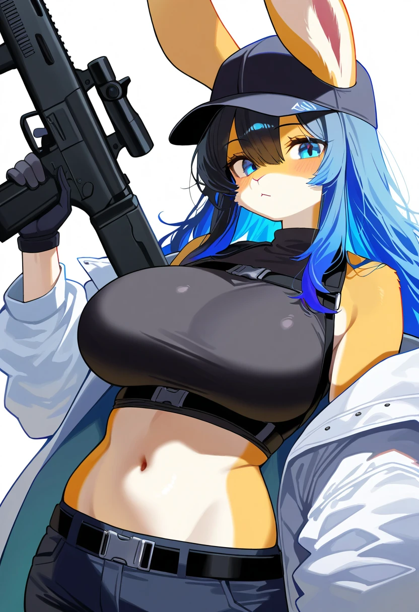 best quality, amazing quality, very aesthetic, absurdres, 1girl, (furry, kemono:1.3), rabbit, rabbit girl, rabbit ears, navel, stomach, breasts, long hair, blue eyes, large breasts, blue hair, off shoulder, bare shoulders, black hair, hat, gloves, baseball cap, crop top, shirt, sleeveless shirt, sleeveless, mlong sleeves, belt, jacket, looking at viewer, standing, coat, solo, holding, midriff, open clothes, open coat, white background, upper body, simple background, weapon, gun, rifle, holding weapon, black shirt, holding gun, black gloves, assault rifle, white coat, black headwear, sig sauer, closed mouth, black belt, harness, white jacket,