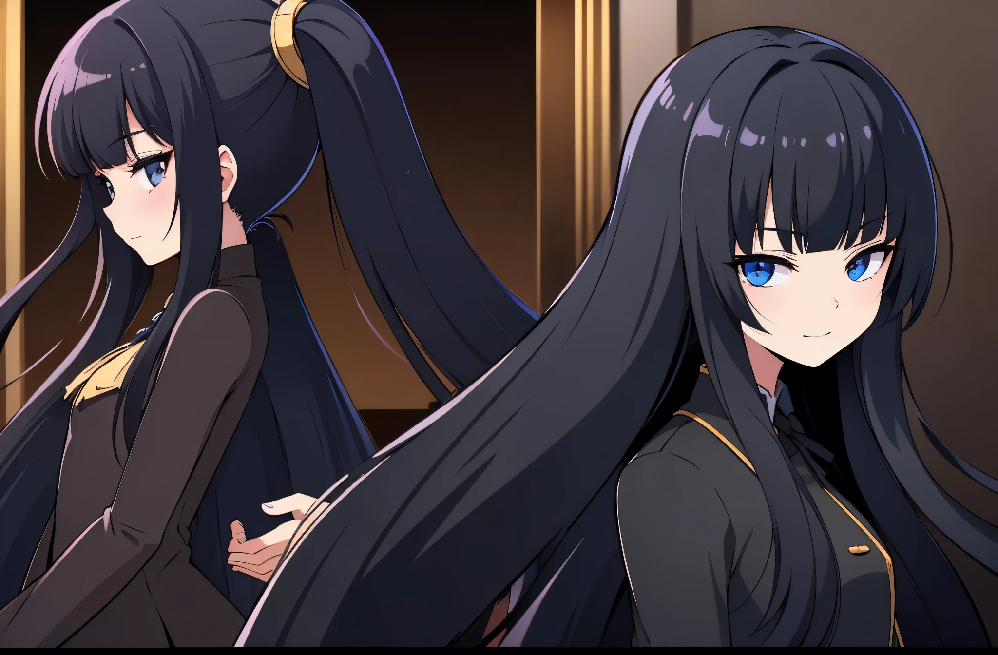 indoor, in chinnese room, from side, most focus face, anime style, 1femail, ultra high res, Best quality, ultra detailed, wearing (black china dress), crazy smile, break ideal ratio body proportions, clear detailed face, high nose(1:2), large mouth, break a strong female character with broad shoulders, straight long hair, 8k, masterpiece, dark eyelashes, black eyes, mod eyes