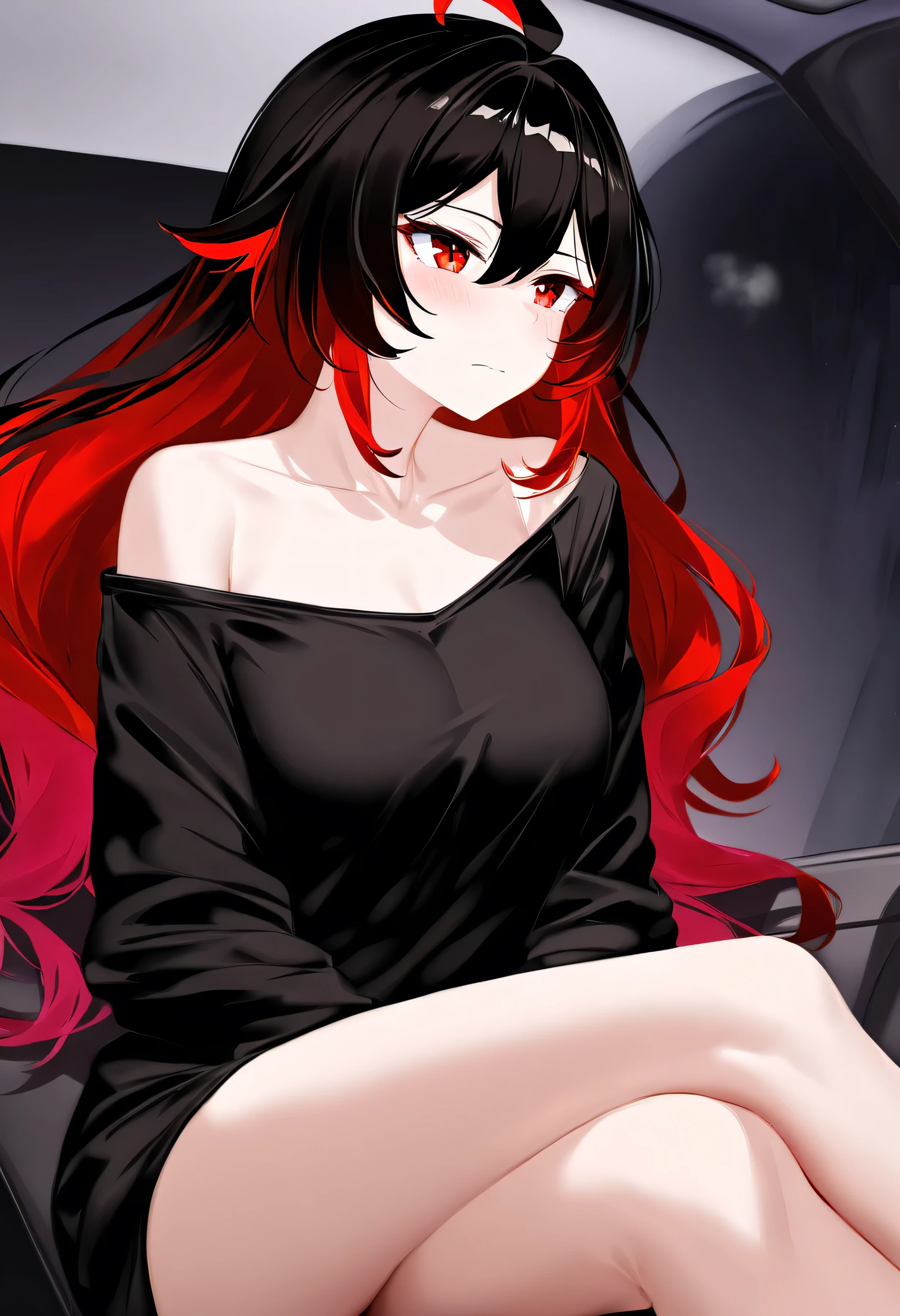 score_9, score_8_up, score_7_up, masterpiece, best quality, absurdres, vibrant, highly detailed, 1girl, adult grown woman, seele vollerei \(honkai impact 3rd\), starchasm nyx, red eyes, long hair, red hair, multicolored hair, black hair, dress, hair ornament, ahoge, blush, closed mouth, heavy breathing, black shirt, oversized shirt, shirt, off shoulder, woman sitting inside car, (hands:1.4) resting on steering wheel, (head:1.3) turned slightly toward window, (body:1.2) leaning slightly back, (shoulders:1.2) relaxed, (legs:1.5) crossed at knees, thoughtful pose, (arms:0.9) casually positioned, natural posture, focused gaze, serene expression, mid-action, intimate atmosphere