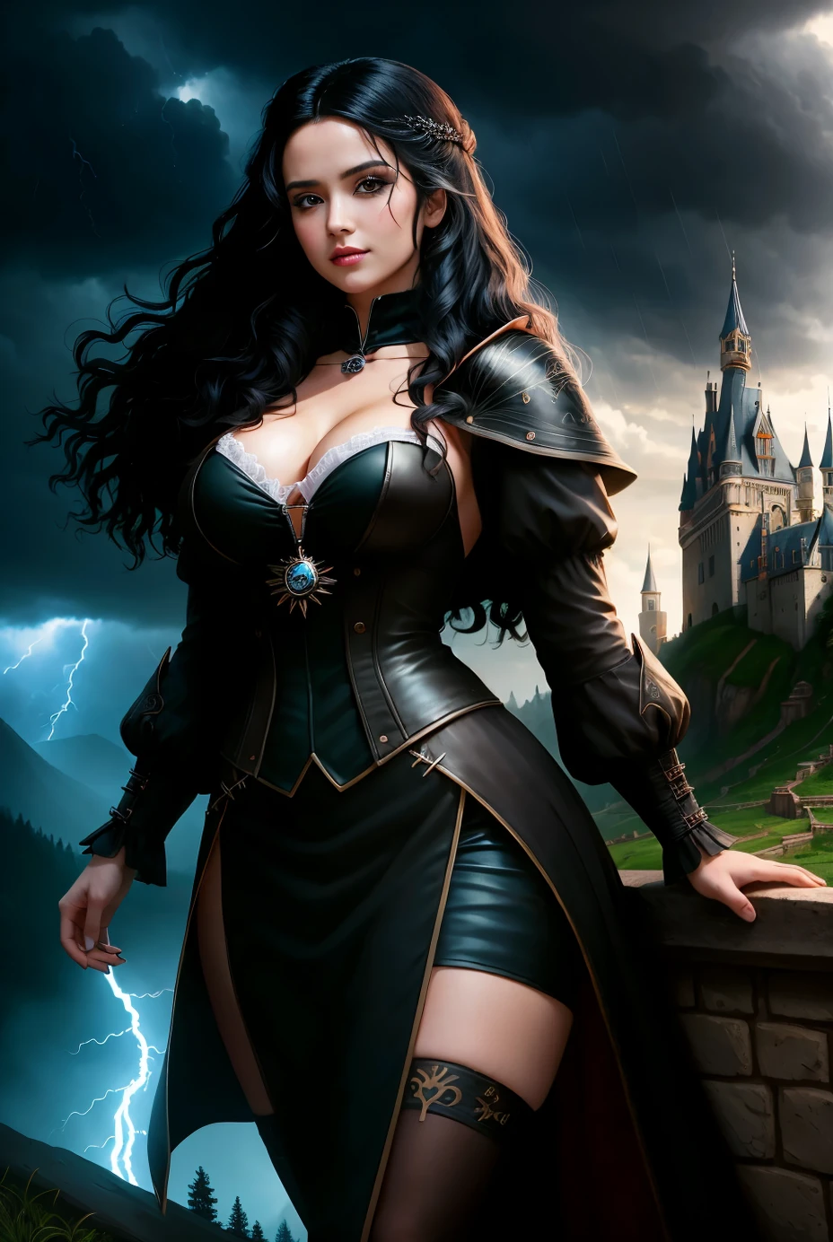 (masterpiece, top quality, best quality, official art, beautiful and aesthetic:1.2), (1girl:1.3), long and curly dark brown hair, extremely detailed, portrait, looking at viewer, solo, (full body:0.6), detailed background, close up, mischievous eyes, (warm summer castle theme:1.1), sorceress, charlatan, smirk, mysterious, walking in courtyard, revealing ((dark red)) sorcerer attire, red knee-length red skirt, off shoulder, straps, long sleeves, loose sleeves, cloak, corset, black leggings, black trousers, black pants, long brown boots, buckles, straps, pouches, magic energy, red fabric, white trim, ((((gigantic breasts, cleavage, skindentation)))), slim waist, slim hips, long legs, medieval (castle exterior:1.1) background, dark mysterious lighting, shadows, magical atmosphere, dutch angle