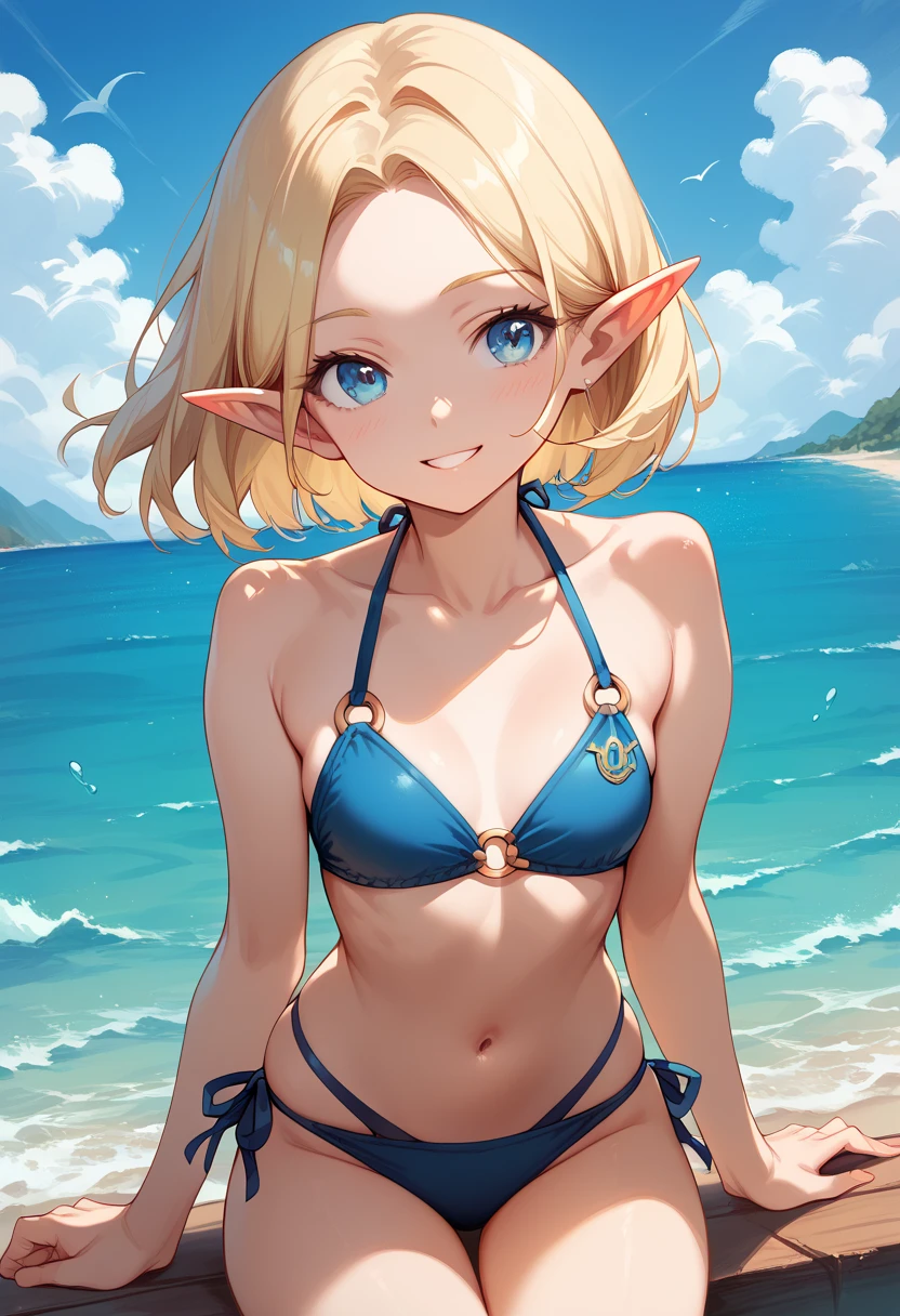 red bikini, loli, outside, open mouth, smiling, daylight, short, small, pointy ears, blonde hair