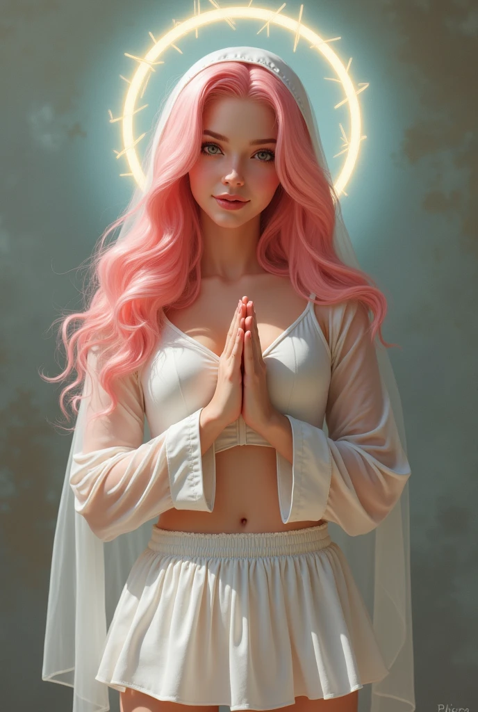 seductive sexy nun, masterpieces, 16K, HD, corruption tattoo, Tighten nun dresses, sexy, scale up, perfect lightening, praying, blush, body covered by semen 80%, holy, corrupted in sex, pink hair, best eyes resolution, bare shoulder, veils, womb x-ray