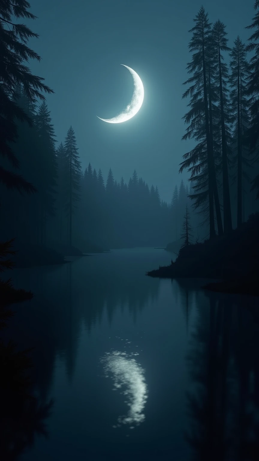 (masterpiece, high quality, high quality, 4K, 8K, detailed, mirror-like picture), quiet lake in dark forest, beautiful thin upper crescent moon high in sky, thin upper crescent moon on lake surface, dark night, quiet, old movie-like scene, distant looking, photorealistic, raw photo, (Nikon F3, Nikkor 28mm, ISO 50, f:3.2, shutter speed: 1/1.0), velvia 50, precise focus, hold tight, attractive bokeh,