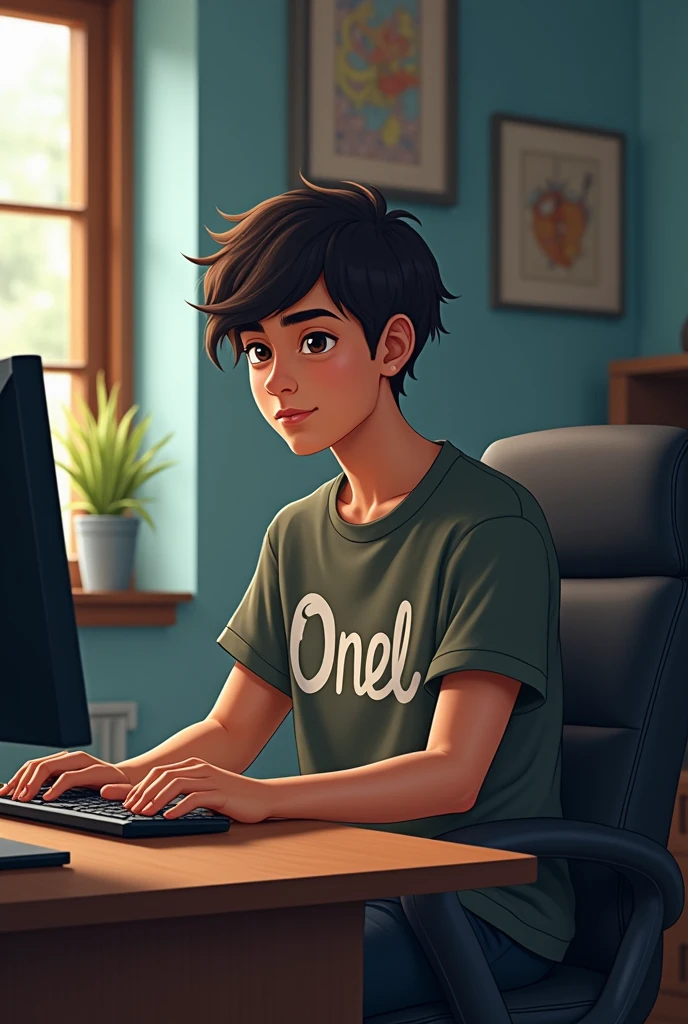 There is a young man with the name Onel in his shirt and he is sitting next to a computer in front of him