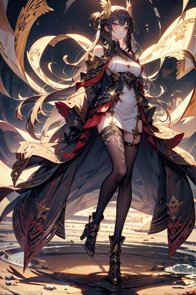Dragon horns, big drangon tail, Fullbody, feet, standind, foot silver goddess in flame-red pleated skinny cloth with golden lines accents, long sleeves, fireball, satin, fur, (stockings), decollete, natural breasts, slim body, big weapons, ((rune lines on skin)), zettai ryouiki, medium length hair with golden red strands, beautiful detailed bright fire eyes, bunny ears, portrait, most realistic, highest quality, best quality, Detailed,Realistic, 4k highly detailed digital art, leotard, octane render, bioluminescent, (cool_color), best pixels, 8k ultra