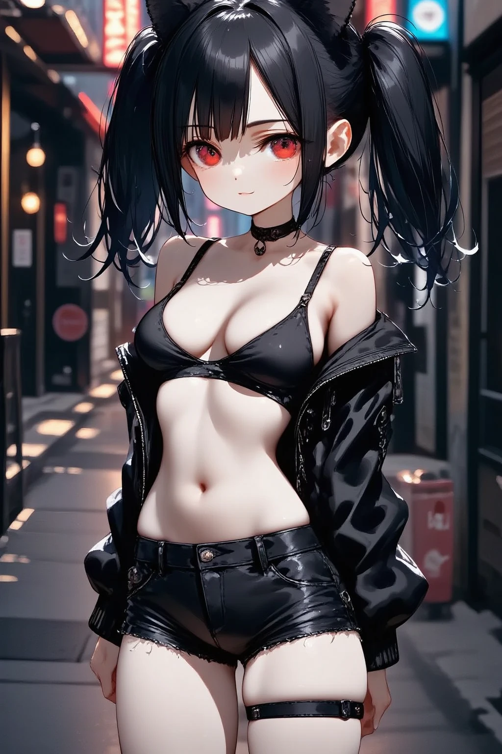 1girl\(cute,kawaii, charming, fascinating, bewitching, evil smile, big smirk, fang, black hair, long hair, twin tails hair, pale skin, white skin, red eyes, eyes shining, big eyes, big breast, perky breast, punk fashion, ripped clothes, tight tube top, tight hot pants, stomach shown, ripped black short jacket, fluffy black cat-ear, spiral eyes, bang, hands in pocket\), background\(outside, noisy city, backstreet, narrow street, neon lights, at midnight\),3d render, portraits, bust-up shot, from above, niji style, slight abdominal muscles,very close up of face,,zoom up girl, great focus, great bokeh