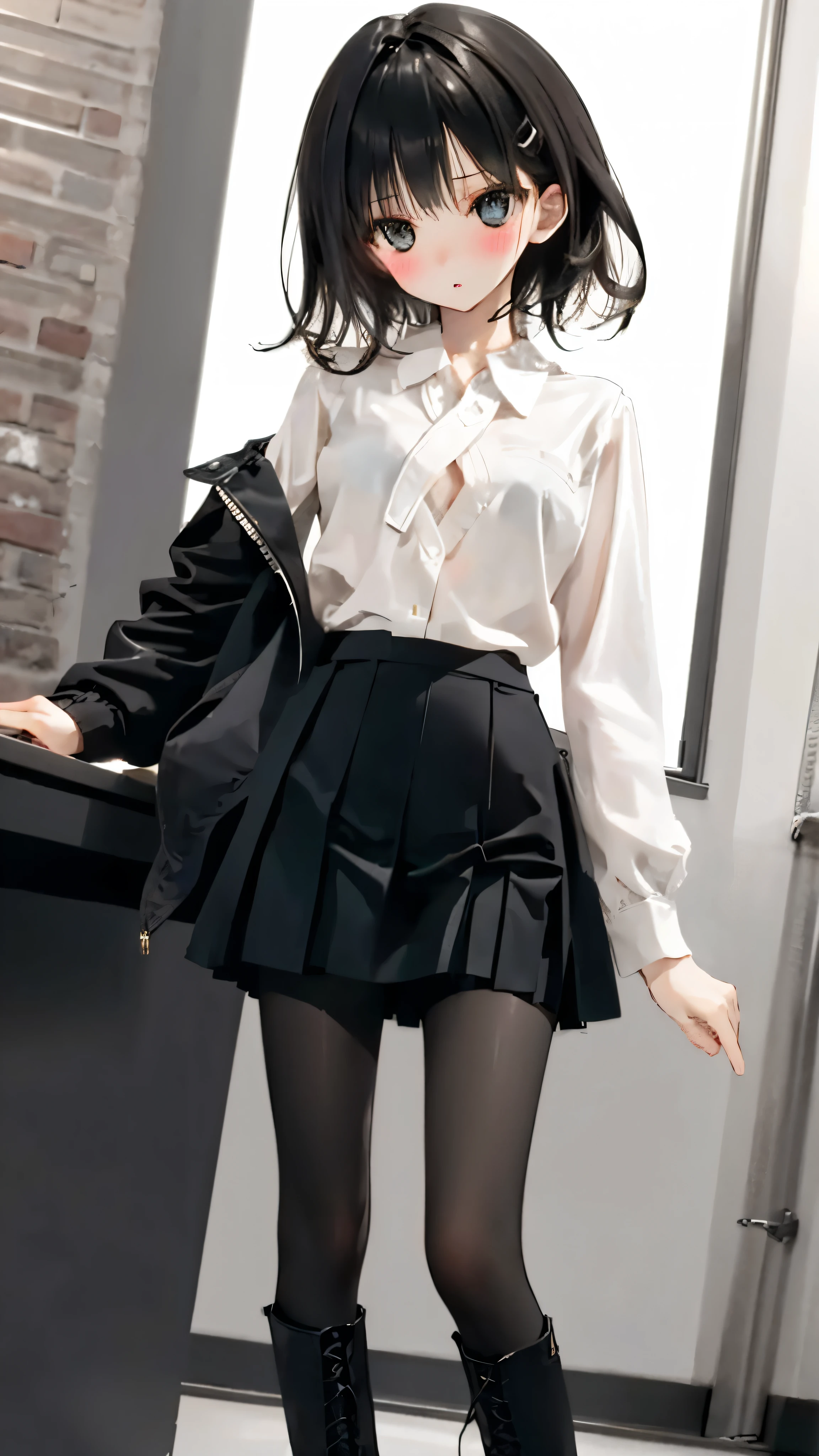 Girl with short dark hair ,Shy, blush, A young brunette girl office secretary wearing a transparent white shirt、Black office skirt and black pantyhose,Full body picture,black leather boots