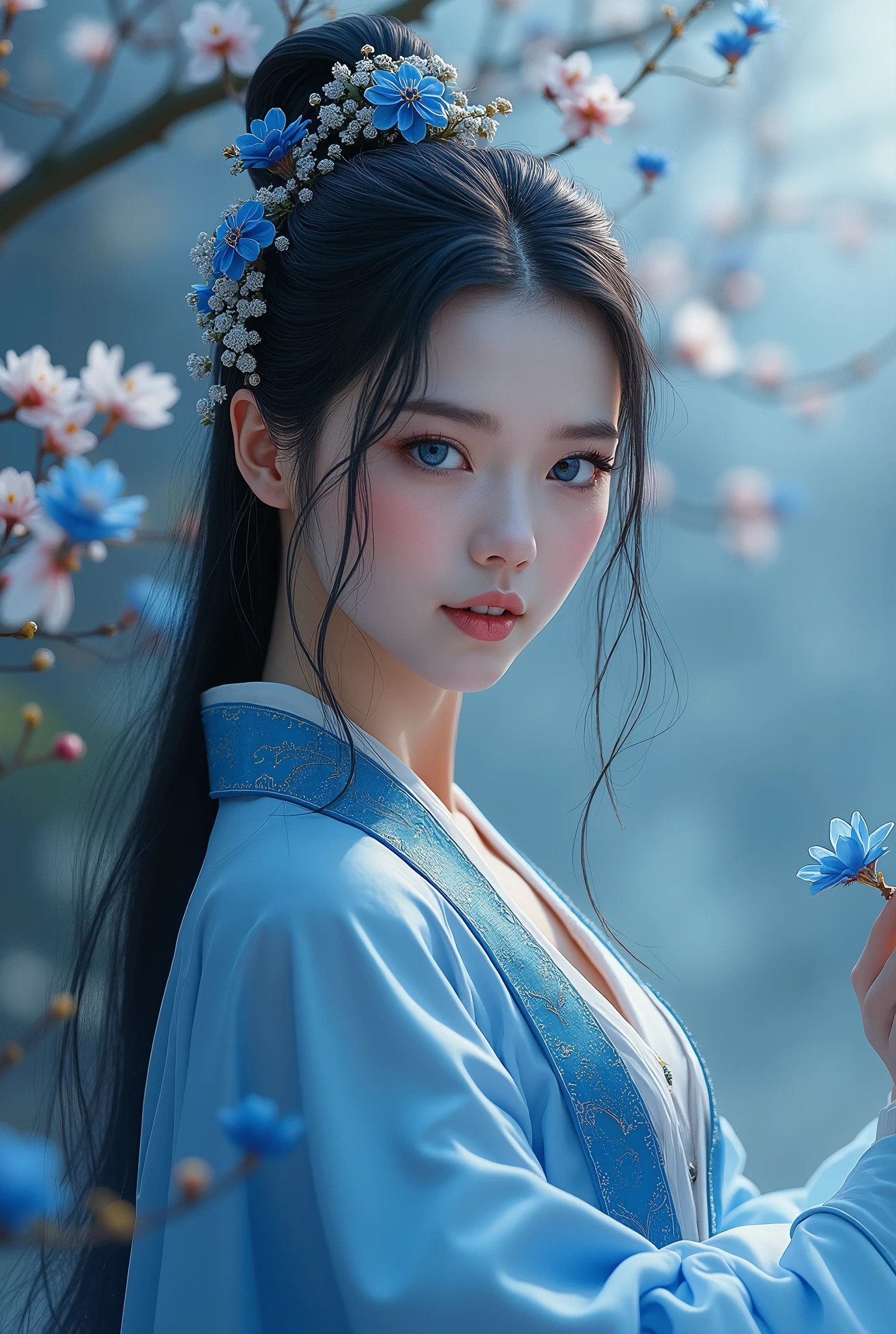 Arafed asian woman in blue dress holding a flower in front of a tree ...