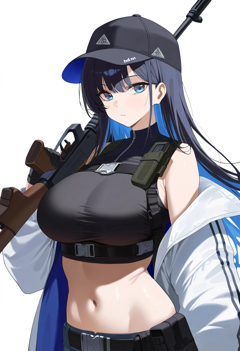 best quality, amazing quality, very aesthetic, absurdres, 1girl, navel, stomach, breasts, long hair, blue eyes, large breasts, blue hair, off shoulder, bare shoulders, black hair, hat, gloves, baseball cap, crop top, shirt, sleeveless shirt, sleeveless, mlong sleeves, belt, jacket, looking at viewer, standing, coat, solo, holding, midriff, open clothes, open coat, white background, upper body, simple background, weapon, gun, rifle, holding weapon, black shirt, holding gun, black gloves, assault rifle, white coat, black headwear, sig sauer, closed mouth, black belt, harness, white jacket,