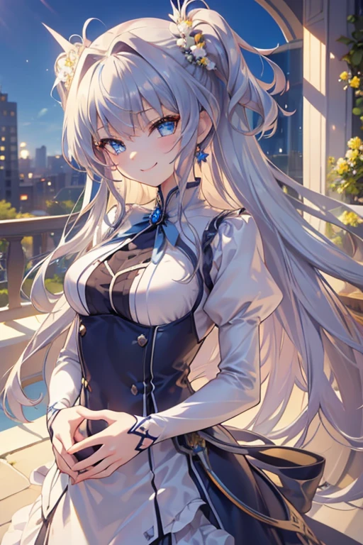 (    Masterpiece  ),  最  High Quality   ,   girl, Alone,  perfect detail ,   super detailed illustrations  ,   closeup shot,   head tilt, Cute appearance,   Very Long Hair  ,    Asymmetric Bang  ,    hide one eye with bangs  , Light silver hair  , Beautiful Hair,   happy ，(((smile))) , Delicate eyelashes,   light blue eyes  , With blue ornaments, Blue hair ornament,   earrings for one woman , Wallpaper 8k CG,   High Quality  ,   very detailed,nature, flower、{{{{  small breasts}}}}、ハイライツ