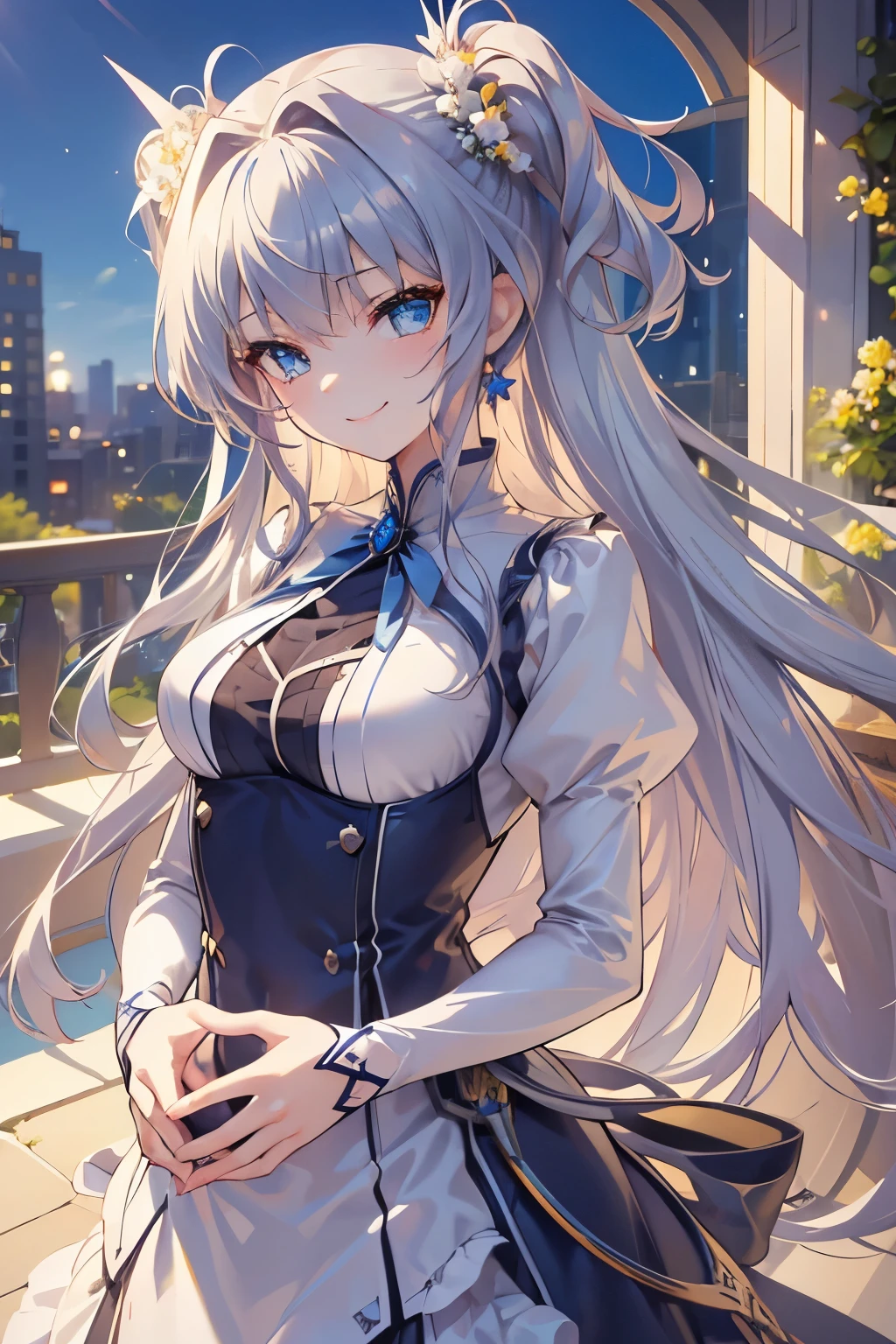 ( Masterpiece ), 最 High Quality , girl, Alone, perfect detail , super detailed illustrations , closeup shot, head tilt, Cute appearance, Very Long Hair , Asymmetric Bang , hide one eye with bangs , Light silver hair , Beautiful Hair, happy ,(((smile))) , Delicate eyelashes, light blue eyes , With blue ornaments, Blue hair ornament, earrings for one woman , Wallpaper 8k CG, High Quality , very detailed,nature, flower、{{{{ small breasts}}}}、ハイライツ