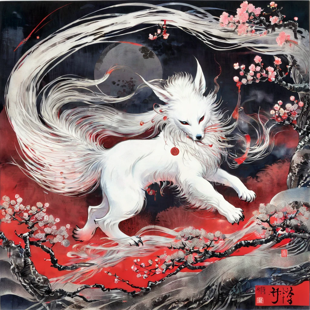 by amano yoshitaka , Fantastic paintings, Night Hill, nine tailed white fox, Red Moon, Cherry Tree,  Cherry Blossom Petals 