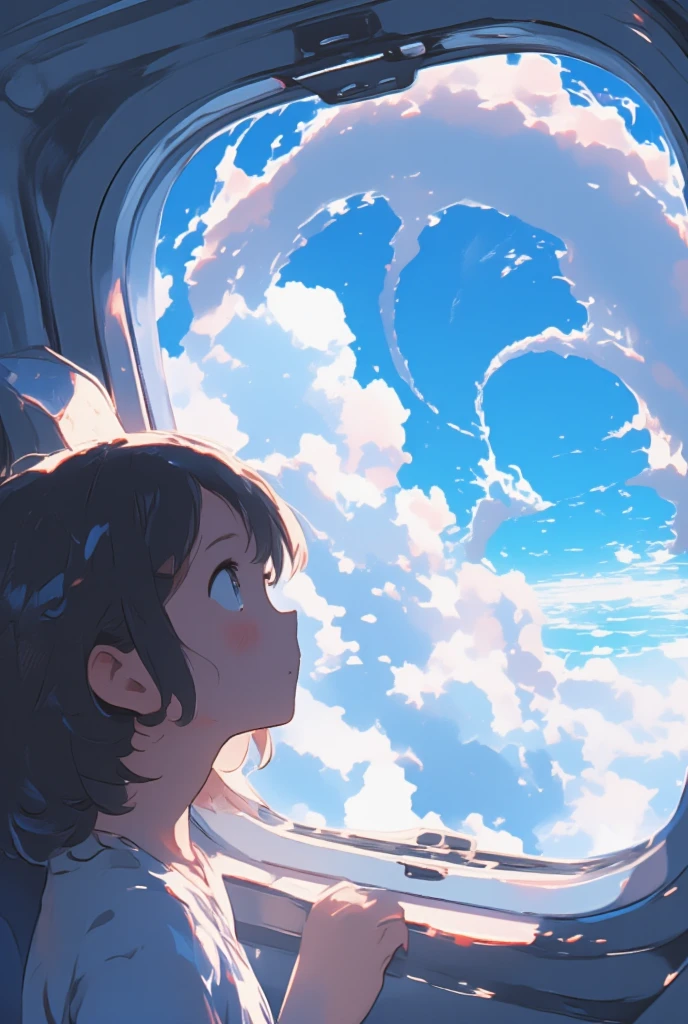  A girl looking out of an airplane window、窓の外にはClouds in the shape of ice cream 、 view from an airplane window 、 clouds drawn with an airbrush 、Cloud vortex、Clouds in the shape of ice cream 