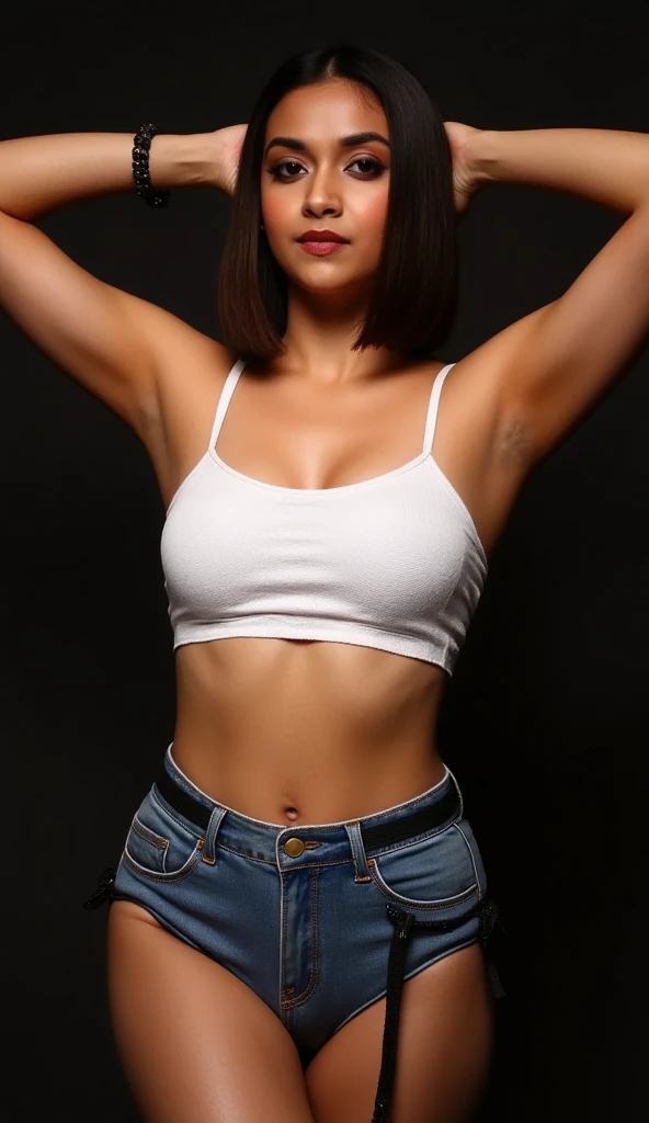 ((shiny blackest skin!、 Pitch black skin like a black man!、Pitch black underarm skin!、Realistic armpit wrinkles、Glossy armpits、improve the appearance of armpits、Armpit、Take a pose with armpits visible、Full body close-up、Armpit close-up、Detailed black shiny armpits、Realistic black shiny armpits、Sweaty and glowing body、Detailed armpit wrinkles、full of sweat、Black detailed black armpits、Very black skin color、Caucasian and half-very dark-skinned woman、Black skin beauty、Black skin、Glossy armpits、Stand in the woods and show your armpits、Dark-skinned woman in white underwear, Smiling))、(Short hairstyle、Caucasian and very black dark-skinned woman、8K、Caucasians with very dark skin)、Underwear models,, White bra、white panty、, 2 0 years old、The darkest skin women))、Photorealistic perfect body、Armpit pose standing normally、closeup picture, Best Quality, Armpits, Arms up, White bra、 at a forest、short-haired、Realistic, 8K、Glossy armpits、glowy skin