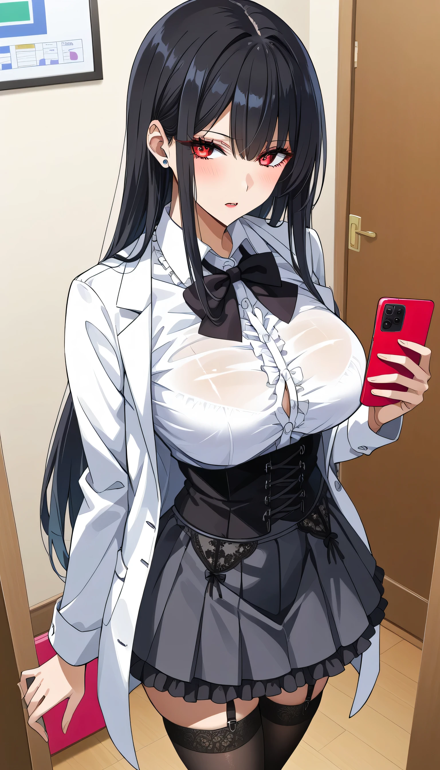 Red smartphone を持っている、 frustrated、Depressed、Bad mood、steins;Gate、Bad mood、 score_9,  score_8_up,  score_7_up,  source_anime,masterpiece、 office、Red smartphone 、office、 No Emotion、 no makeup、手にRed smartphone を持つ、 best quality, beautifully detailed eyes , Exquisite Eyes、A sophisticated eye、 highly detailed eyes and face,Unmotivated look、Apathetic face、 holding a red smartphone 、 long breasts, 1 female, Put on a white coat、Grey dress shirt、 gothic lolita、 Gothic Lolita Shirt Under a White Coat、 Grey Gothic Lolita Shirt 、Black Gothic Lolita Skirt 、 gray gothic lolita shirt、 Black Gothic Lolita Skirt 、 Mini Skirt、 short skirt  , Big saggy breasts, shockingly  Big Breasts ,  Big Breasts , room,Big Breasts、 boobs 、 zitales , makeup、 no makeup、 black hair、 Long Hair、Smooth straight hair、 black stockings 、 garter belt 、black garter belt  、 taken from above