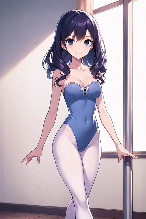 Juvia Lockser, blue eyes, blue hair, long curly hair, mature female, perfect waist, large breasts, ballet tight leotard, white tights, smile, 1girl, ballet shoes, pole dancing