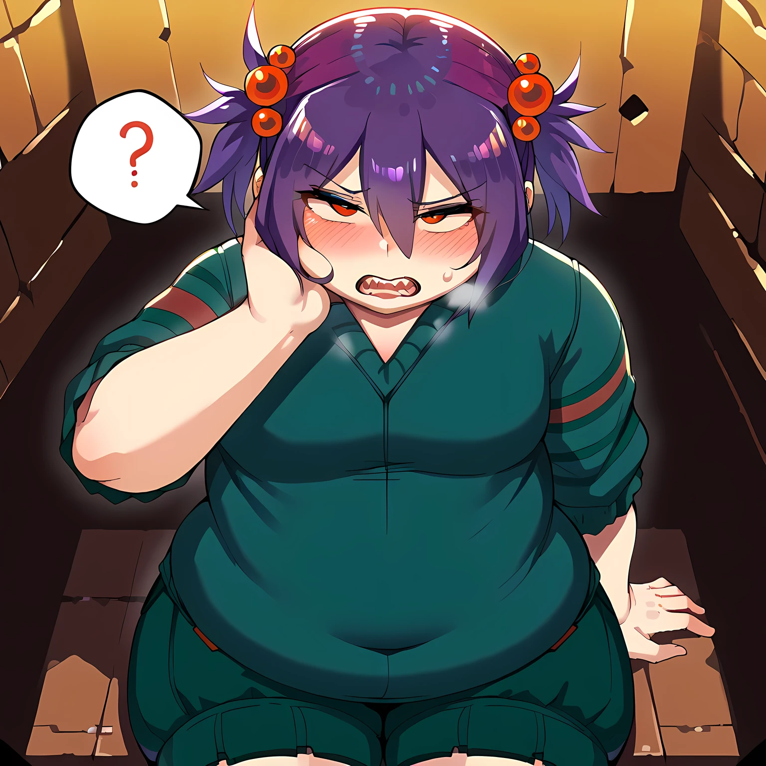 score_9, score_8_up, score_7_up, score_6_up, source_anime, BREAK 1girl,  spid3r, short twintails, purple hair, hair bobbles, green sweater, green shorts, looking at you, cave interior, cave, sitting, green boots, open mouth, sharp teeth, confused swollen face, fat, chubby, obese, open mouth, out of breath, absurdres, highres icon, rating:General, confused, blush, spoken question mark, {flustered}, nervous sweating, portrait, pov hands, hand on another's cheek, averting eyes, [looking away], straight-on, from above,  upper body, masterpiece, best quality, ultra-detailed, high resolution, 8K, absurdres, highres icon,