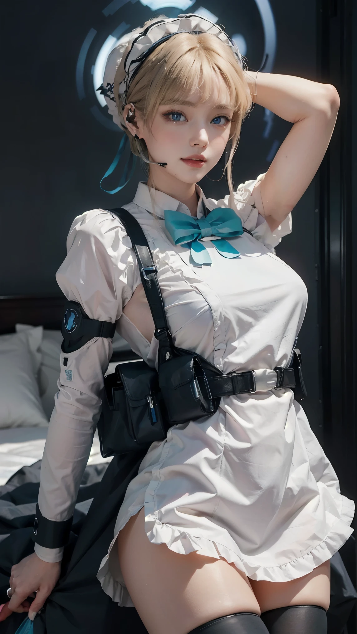 Toki asuma,(best qualityer,4K,8k,high resolution,work of art:1.2)(weather: midday), Mondstadt port background, battleships, black maid top, long maid skirt, white apron, elbow long gloves, bowtie, black stockings, cheek mole, short wavy hair, blonde hair, ultra detailed, realistic,portraite,beautiful detailed blue eyes, glowing eyes,blush,beautiful detailed lips,extremely detailed eye and face, long eyelashes,sexly,average, large breasts,beaming smile, sexy smile,powerful girl, sexy pose, stunning curves,bright coloured,dramatic lighting,