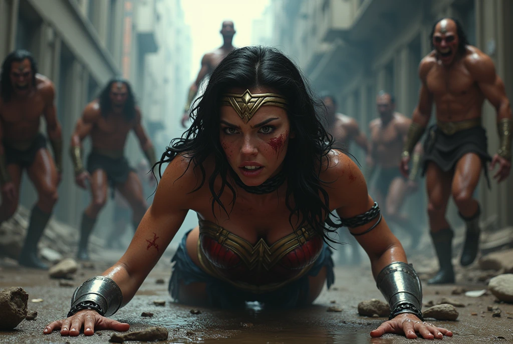 Wonder woman struggling and laying tied up in a forrest, mud, (ropes), trapped, shackles, (surrounded by a group of men), wet body, dark green tanktop.