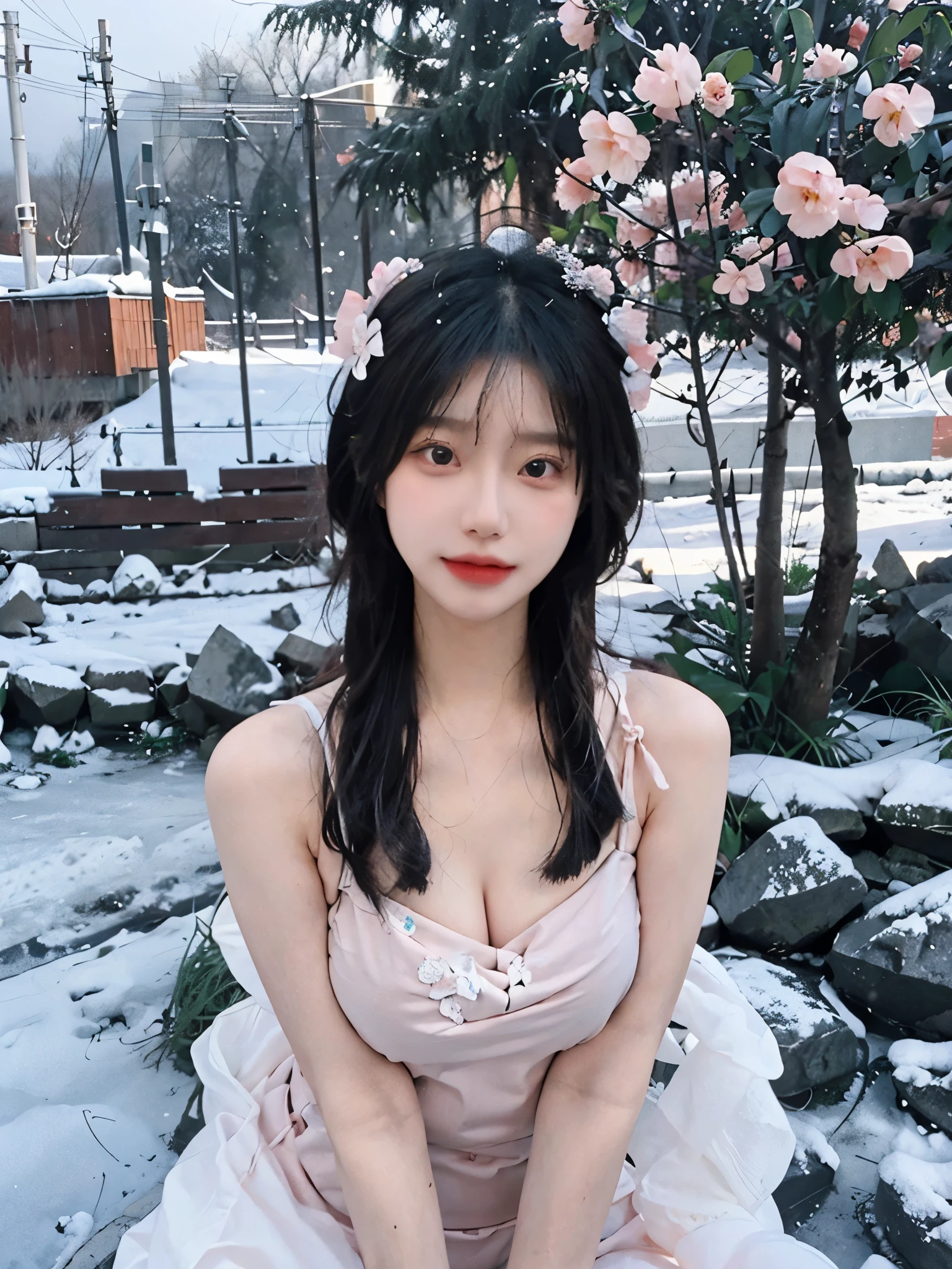 Portrait photography,1 girl,Snow Scene,Snowing background,One shoulder butterfly print dress for women in summer sexy hot girl slim waist hip skirt,Flowers,White,whole body:1.4,Lipstick,(Big Breasts:1.6),Headband,serene,calm,(Realistic and detailed eyes,Natural skin texture,Realistic facial details),