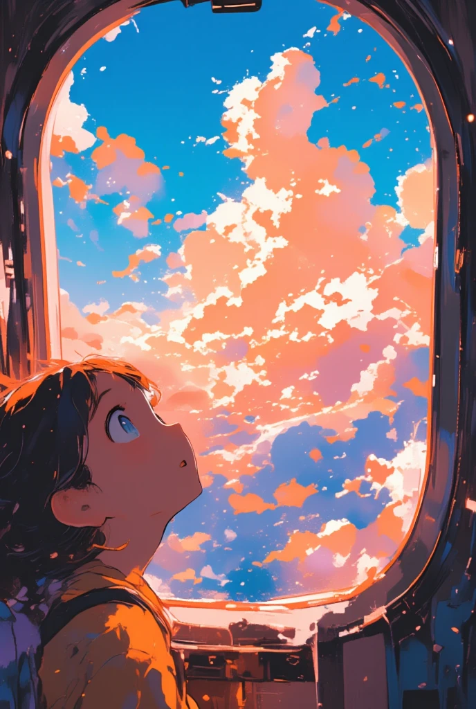  A girl looking out of an airplane window、窓の外にはClouds in the shape of ice cream 、 view from an airplane window 、puffy clouds, vibrant colours,Orang,pink, skies 8k resolution, HDR anime style