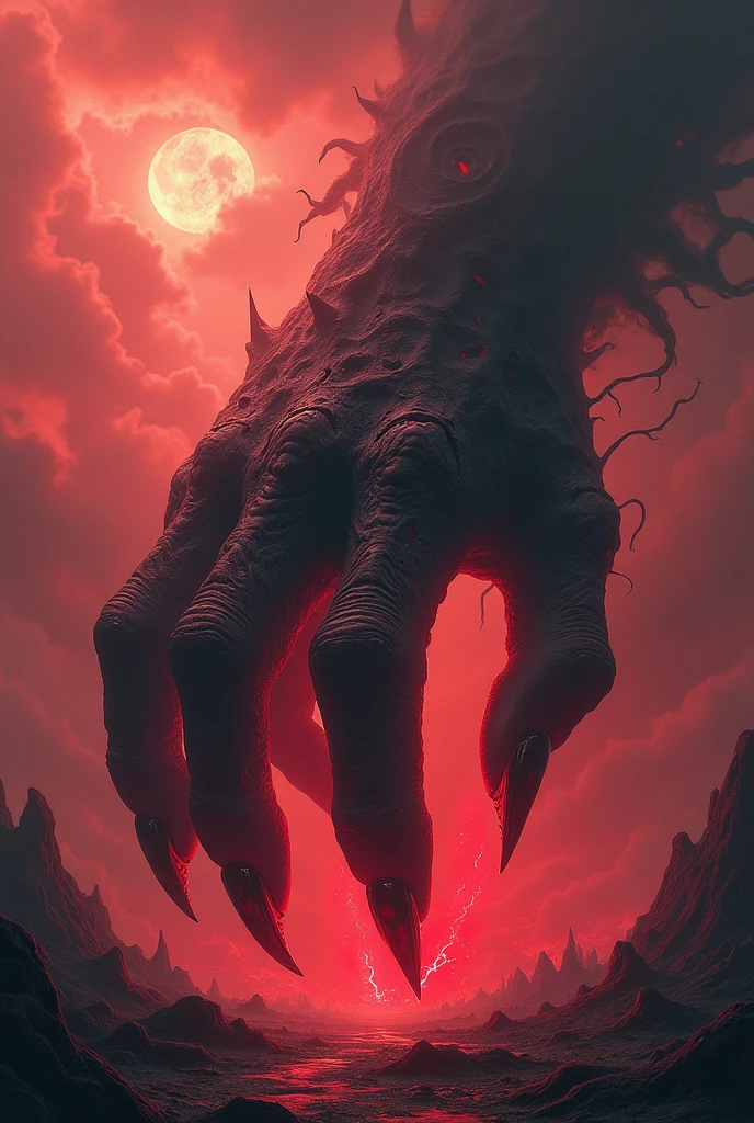 Horrible bloody demon claw piercing through the ground