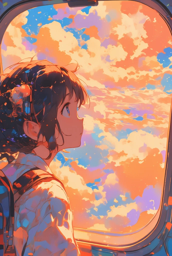  A girl looking out of an airplane window、窓の外にはClouds in the shape of ice cream 、 view from an airplane window 、puffy clouds, vibrant colours,Orang,pink, skies 8k resolution, HDR anime style