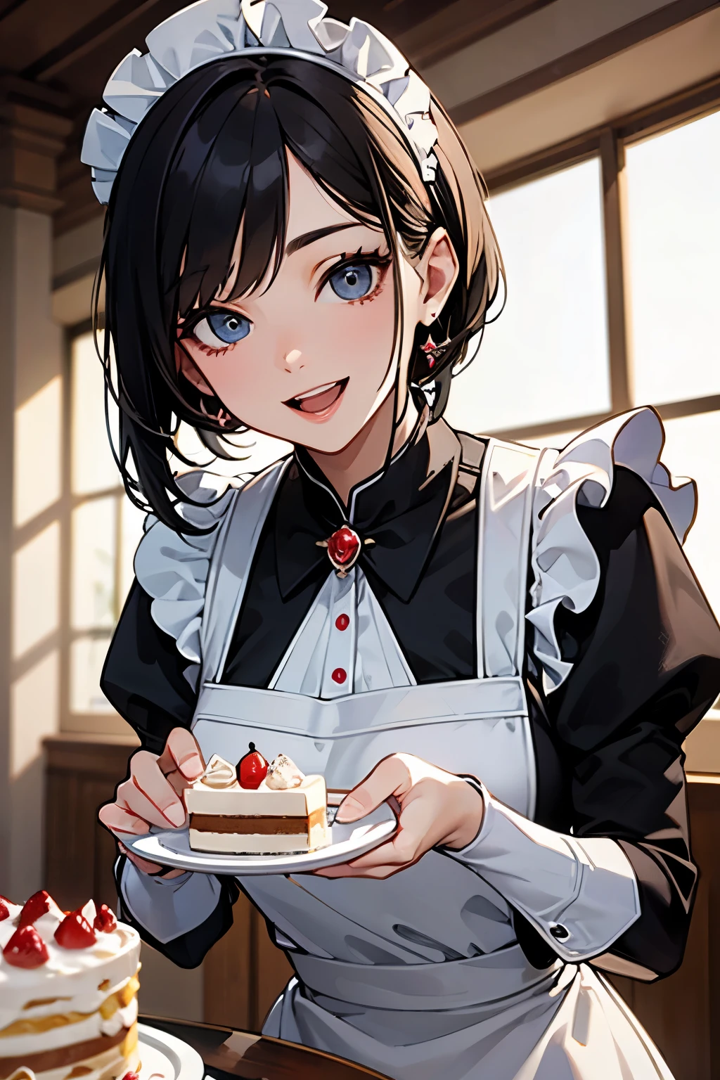 (best quality,4k,high resolution,masterpiece:1.2),detailed eyes,beautiful detailed lips,extremely detailed large eyes and face,long eyelashes, perfect anatomy, a maid with short black hair is serves many sweets to her guest, handling a dish of many cakes, Europian noble face, tightly fitted outfit,black long-sleeved maid costume,wearing long skirt, wearing white tights, upper body portrait abobe the knee,beautiful face with smile, open mouth to laugh, large cool eyes, upward gaze,open mouth with joyful feels, feels a confidence expression.