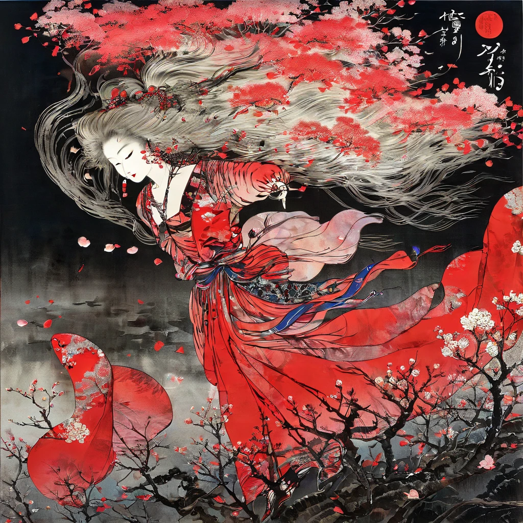 by amano yoshitaka , Fantastic paintings, Night Hill, Red Moon, Cherry Tree,  Cherry Blossom Petals 