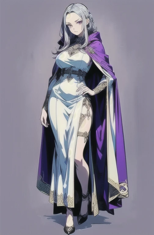 (masterpiece, ultra-detailed, high resolution, best quality:1.2), (anime, simple background, plain background, fantasy art, RPG character, concept art), (female, solo, adult female, full body, (pale violet hair:1.2), long hair, (middle part hair, forehead), tall woman, large build), ((purple cloak), (white tight dress), medieval long cloak, pumps)