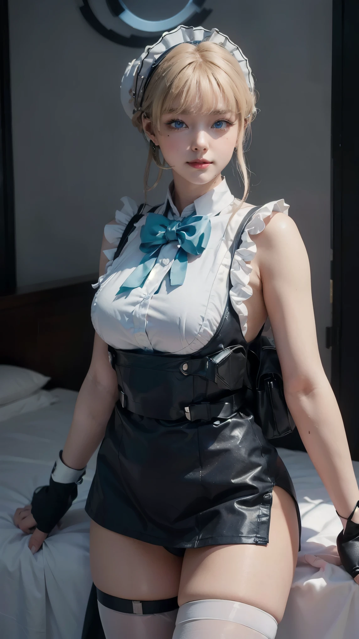 Toki asuma,(best qualityer,4K,8k,high resolution,work of art:1.2)(weather: midday), Mondstadt port background, battleships, black maid top, long maid skirt, white apron, elbow long gloves, bowtie, black stockings, cheek mole, short wavy hair, blonde hair, ultra detailed, realistic,portraite,beautiful detailed blue eyes, glowing eyes,blush,beautiful detailed lips,extremely detailed eye and face, long eyelashes,sexly,average, large breasts,beaming smile, sexy smile,powerful girl, sexy pose, stunning curves,bright coloured,dramatic lighting, wide hips, thick thighs,