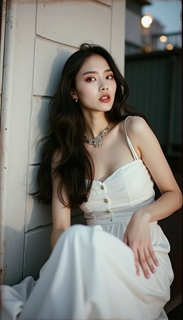 (RAW photo, low photo, best quality, masterpiece:1.3), (realistic, photo realistic:1.2), ultra high res, UHD, high detail color photo, extremely detailed CG unity 8k wallpaper, sharp focus, absurdres, (realistic skin, detailed skin, transparent white glossy skin), best anatomy, (cinematic lighting), glossy lips,
1girl, wavy long hair, hair ornaments, cute face, smile, looking at viewer, 1girl, , illustration, (outdoors, night, stars, moon), black dress, pantyhose, surprised, perfect anatomy. pefect hands., long legs