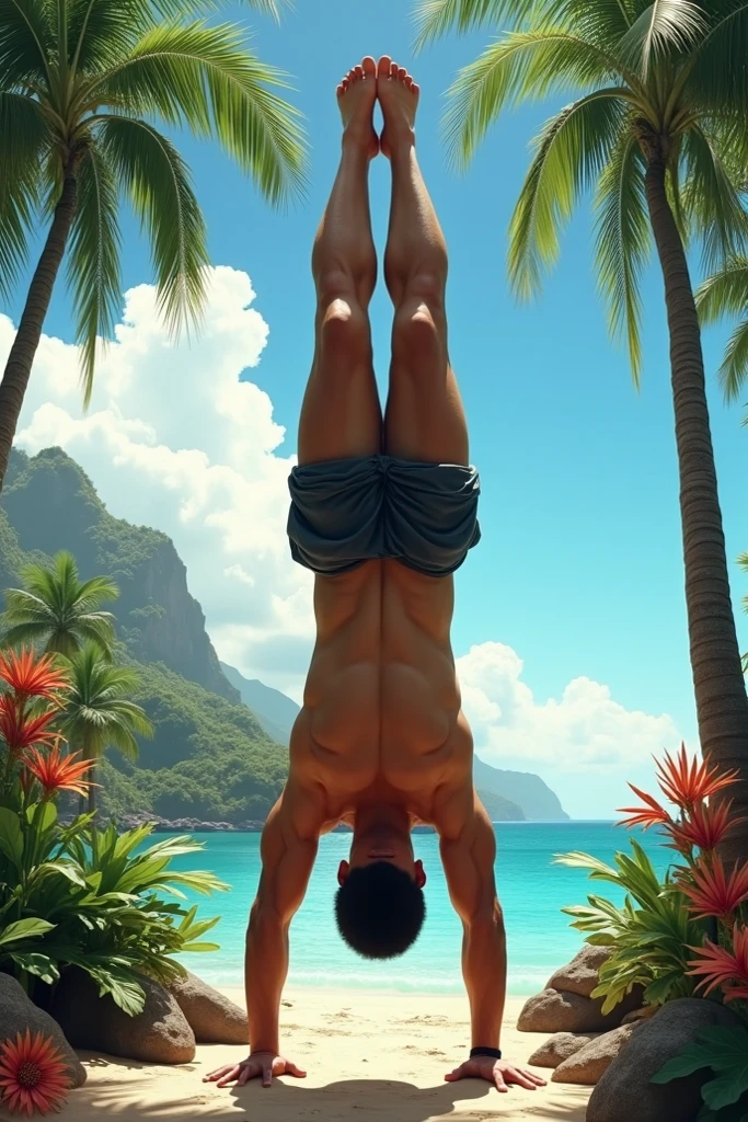 A man climbed up a palm tree