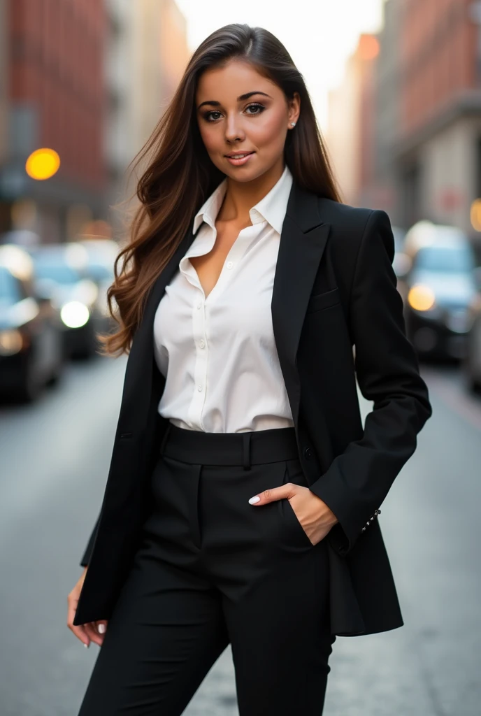 a 18 year old girl, she is the most beautiful actress in the world, the perfect body proportions of this girl, her upper body with it's large breasts in formal shirt are firmly covered by blazer, the panties between her legs are seen just a little thanks to the short skirt is too short, her bare thighs, standing, at the city street, best quality, highly detailed, masterpiece, ultra high res, photo realistic, 8k