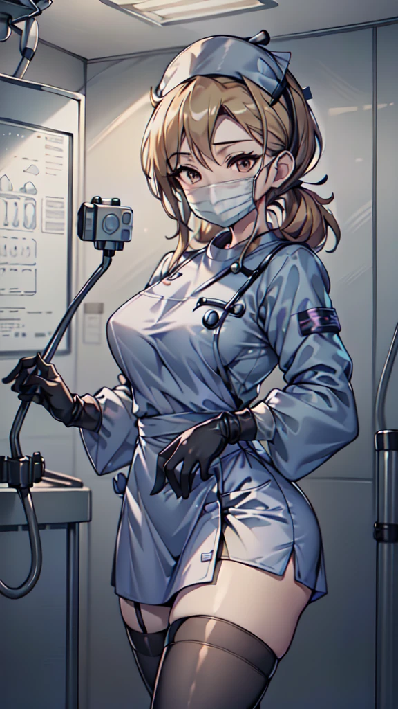 (masterpiece,ultra-detailed,best quality,8K,CG,realistic,illustration:1.2),(black nurse, 1girl, solo, black nurse cap, black nurse uniform, ((black legwear, zettai ryouiki)), black elbow gloves, twintails, yellow hair, purple eyes, ((black surgical mask, covered nose)), standing, ((surgery room)), sharp outline, short sleeves, best quality, masterpiece,Уши кошки, 