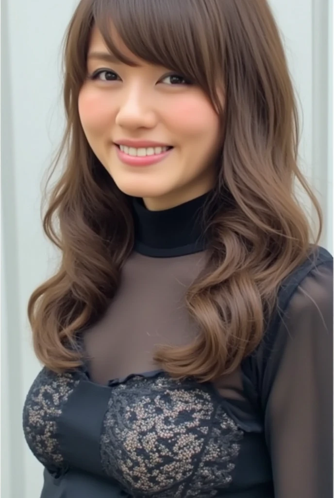 8k, RAW Photo, Best Quality, Masterpiece:1.2),(Realistic, photo-realistic:1.37), Super Detail, wearing black pantyhose,She is wearing tight thin fitting transparent black long sleeve turtleneck, no skirts, transparent black pantyhose, cinematic lighting, sexy pose, monotone background, facing front, smiling, portrait, dressed up to the belly button, dressed up to the neck
