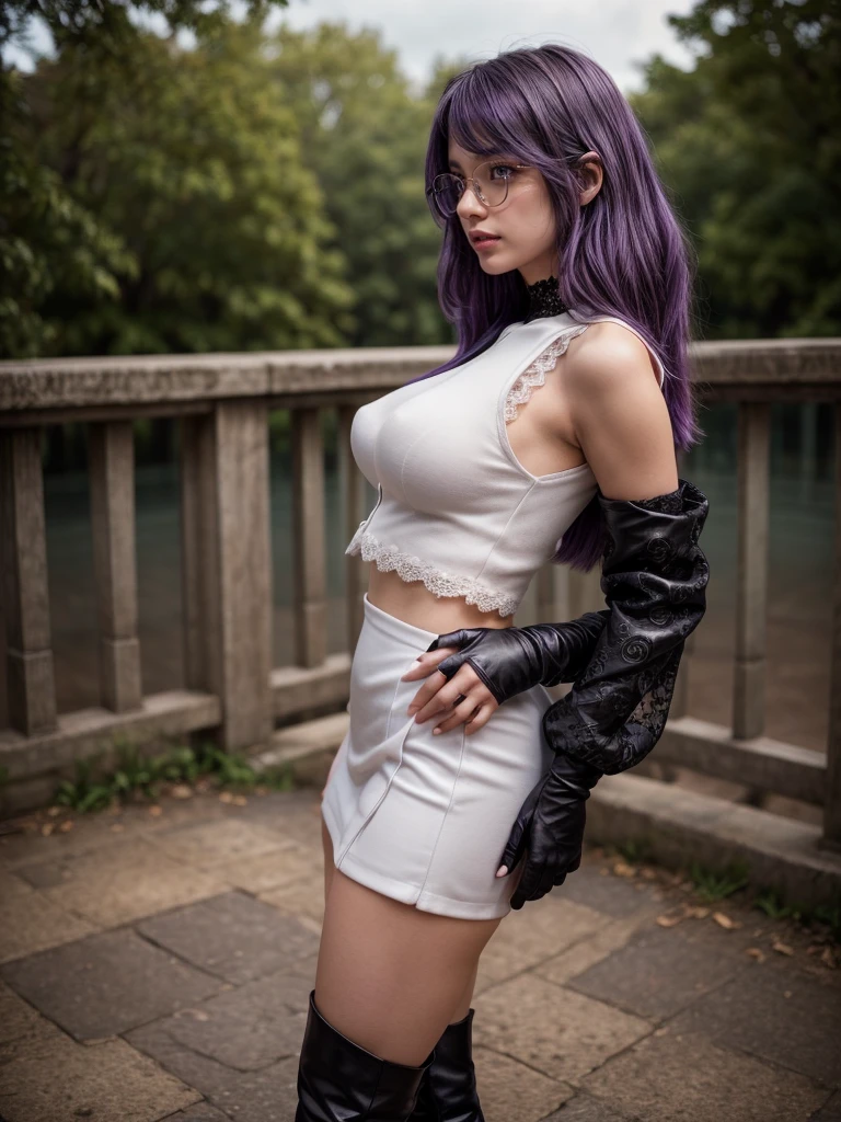 8K, topquality, ultradetail, european woman, chest size 7, medium length curly bright purple hair, anime cosplay "chainsaw man"