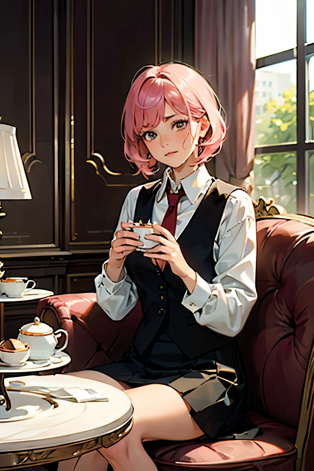 (highest quality:1.2), A girl is sitting in a living room, There is a round table in front of her, and there are an afternoon tea set and many sweets on the table. The girl is nervous with her hands on her knees. In front view, embarrased face, a photorealistic cute girl, beautiful face, confused face, European face, noble face, large eyes, beautiful lip,closed mouth with confusion, but feeling hunger, Short-cut pink hair, wearing white shirt, wearing red tie, wearing black skirt.